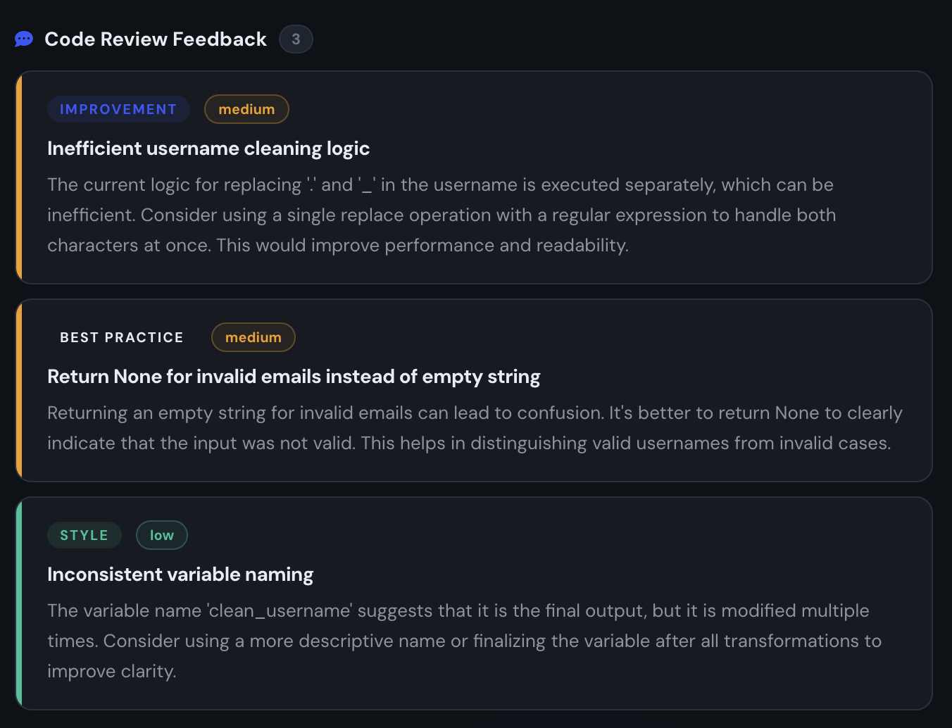Perpex AI code review dashboard showing detailed feedback on a Python submission — security issues, performance warnings, and a score of 74 out of 100